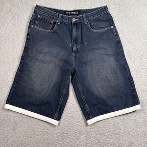 Koman Y2K Denim Baggy Shorts Mens 34 Blue Long Jean Cut Off Relaxed Fit Raw Edge